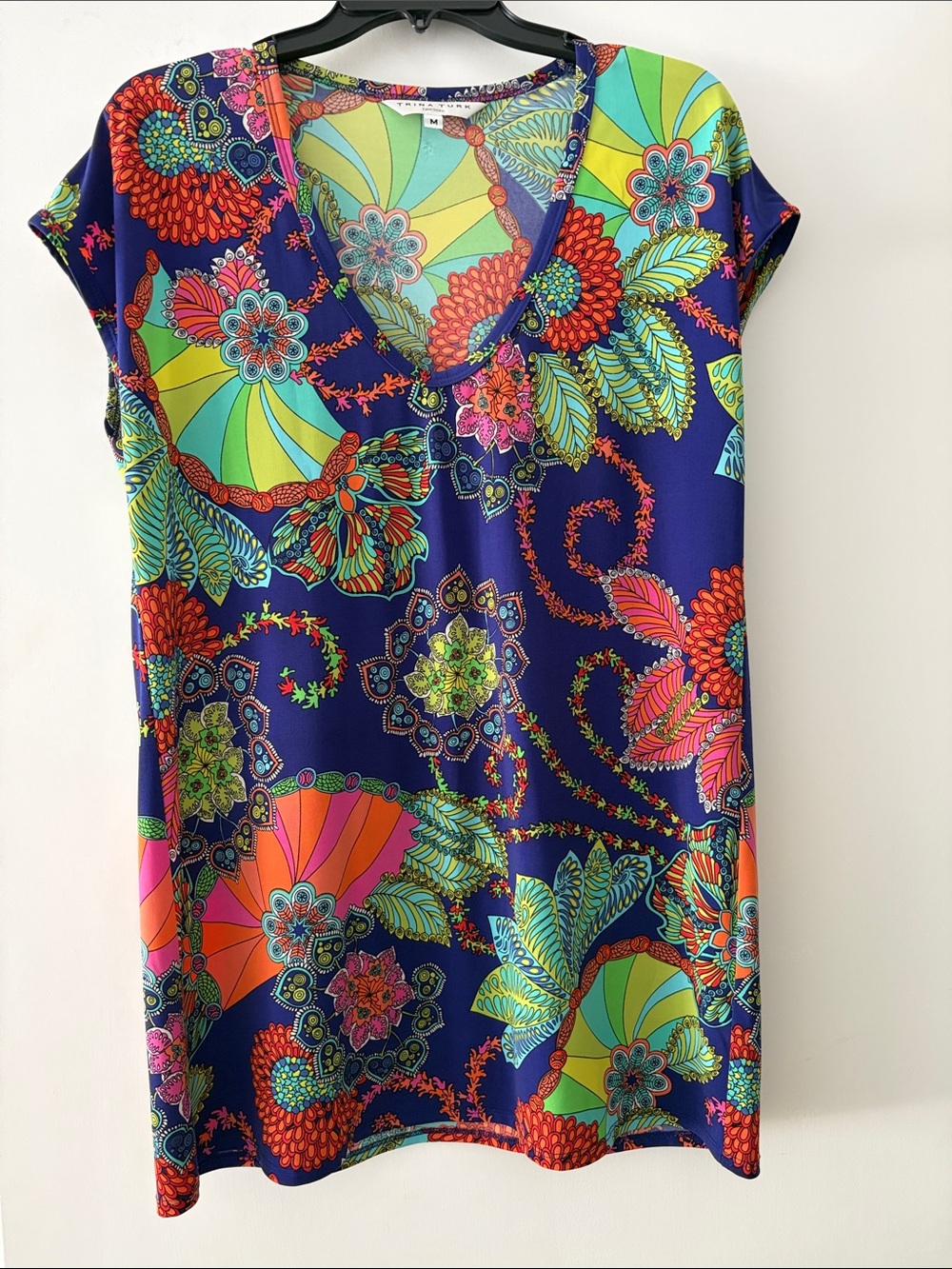 Trina Turk Navy Floral V-Neck Tunic with Bright Multicolor Print